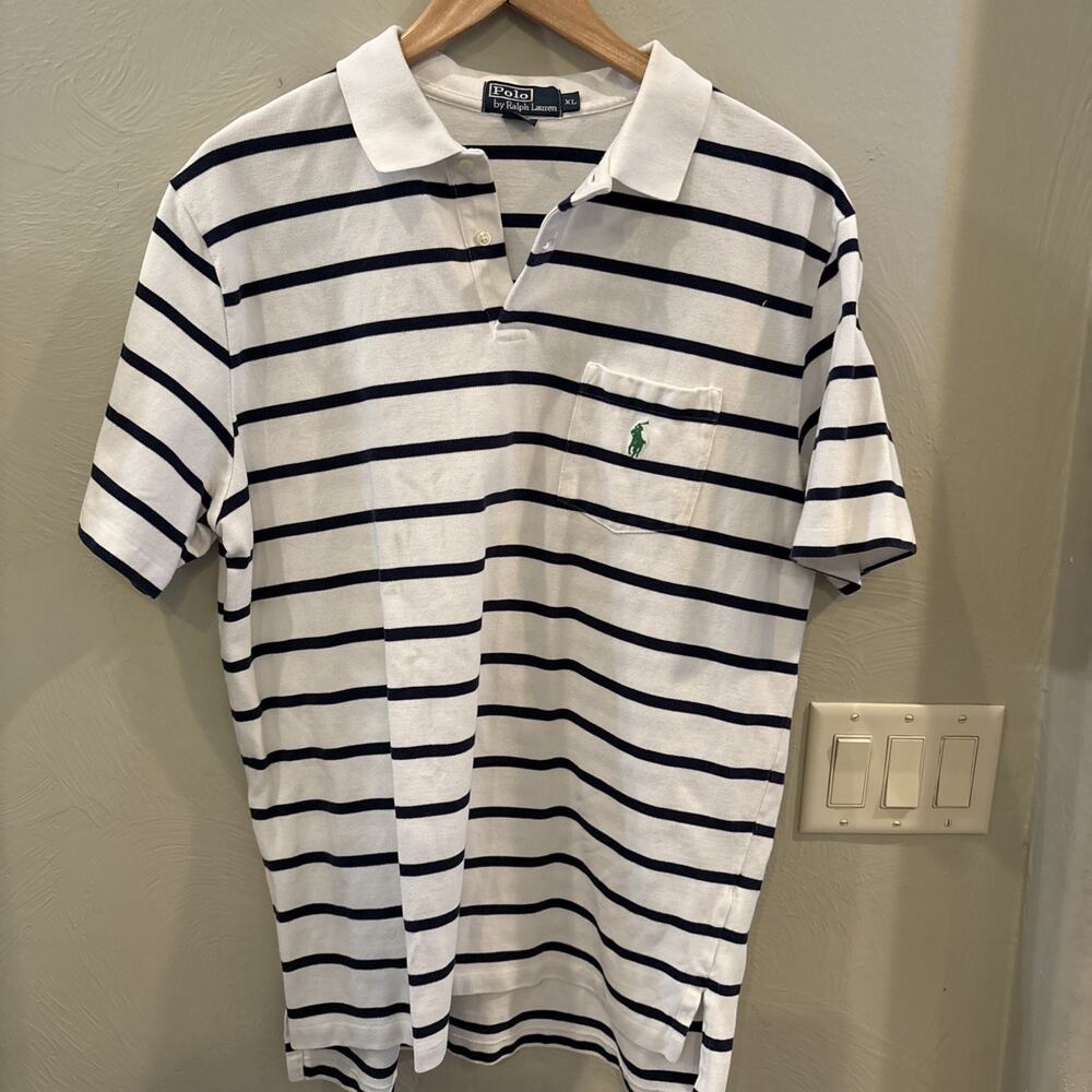 Vintage Polo by Ralph Lauren Blue White Striped 100% Cotton Men's XL Polo Shirt